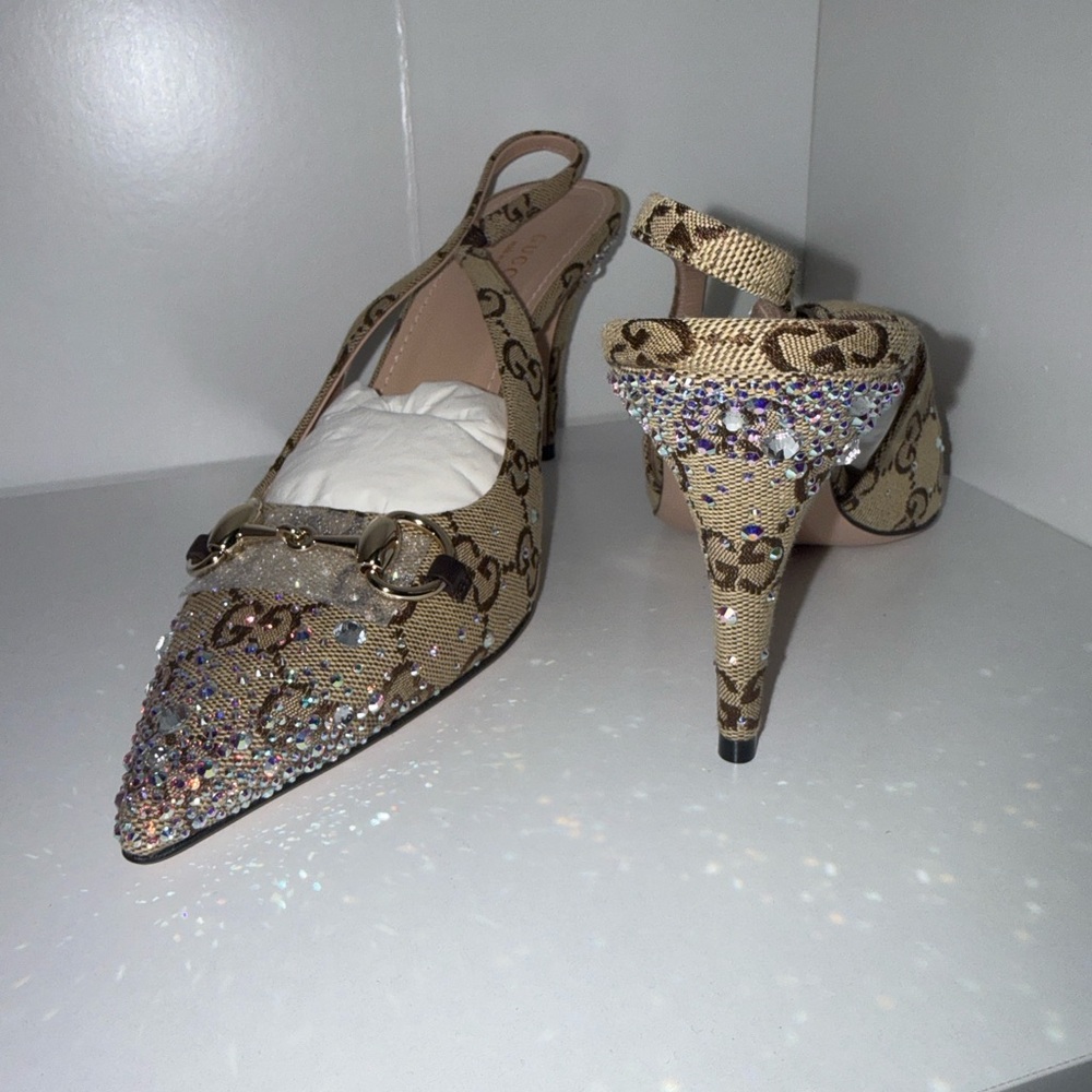 Gucci Women's Beige Rhinestone Slingback Heels - Picture 2 of 6